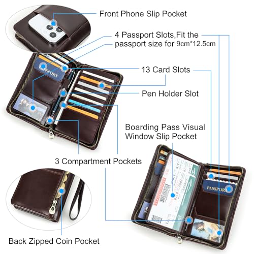 CONTACTS Travel Passport Wallet for Men Leather Family Passport Holder Travel Clutch Wallet Zipper Wrist Card Purse RFID Blocking with 13 Card Slot Fit up 4 Passports - Image 4