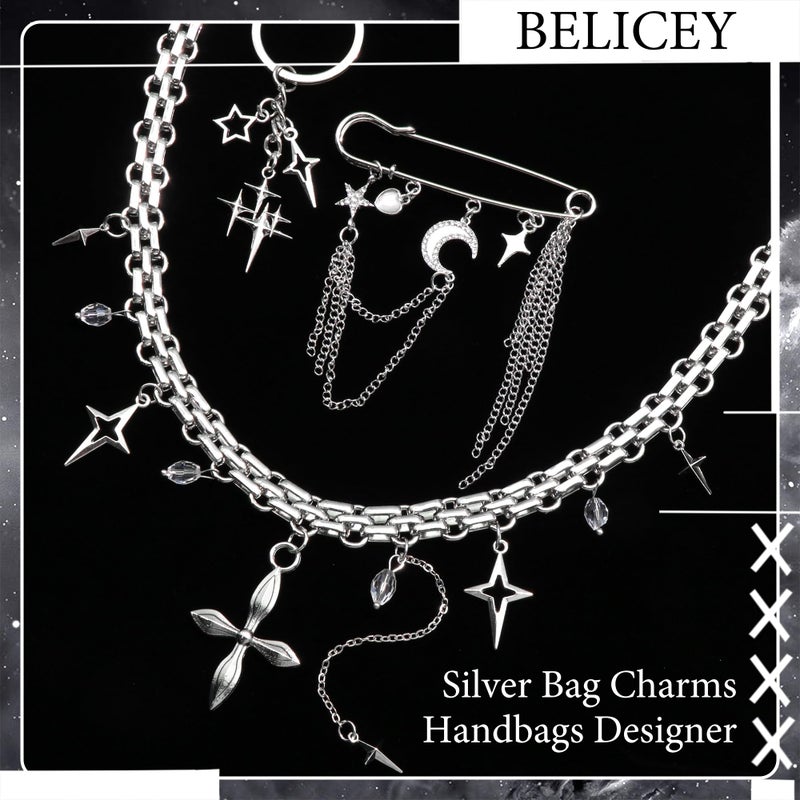 BELICEY سلاسل حقيبة بيليسي الفضية مع تعليقات معدنية على شكل نجوم لسلاسل الحقائب، سلسلة مفاتيح، إكسسوارات حقيبة، حزام تمديد لمحفظة، حقائب كتف كروس - Image 5