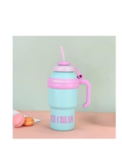 1000ml Large Stainless Steel Vacuum Water Bottle, Insulated Coffee Mug with Handle and Straw, Double Wall Cup for Hot and Cold Drinks, Outdoor Thermos, Leak Proof (Light Blue)