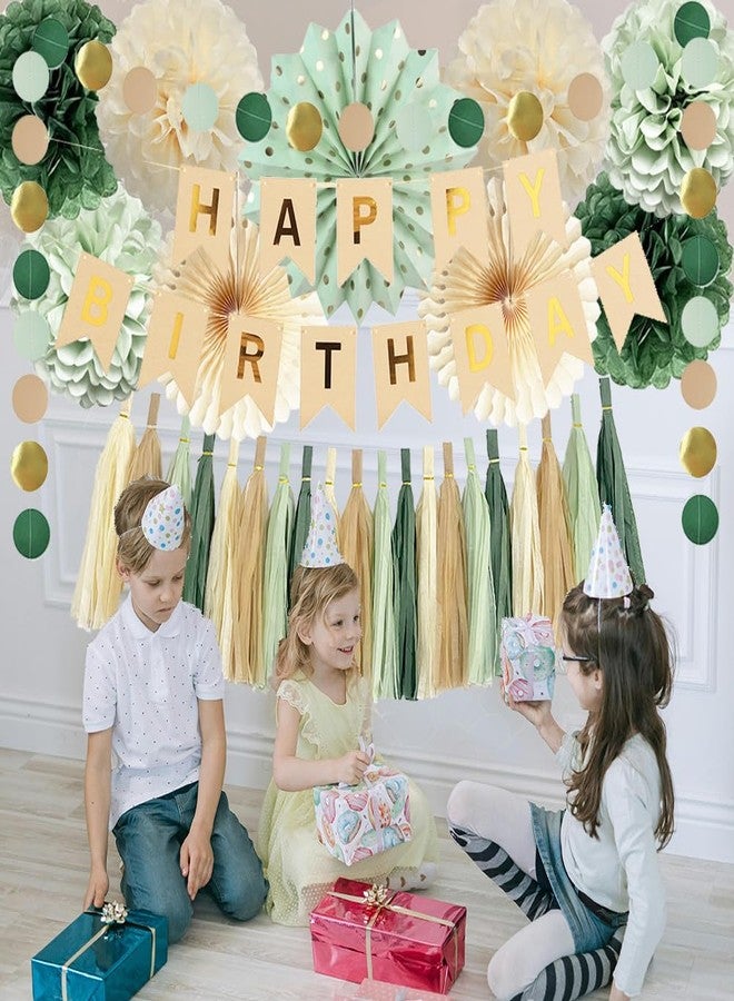 FETETIJD Sage Green Birthday Decorations with Happy Birthday Banner Sage Cream Paper Pom Poms Paper Tassels Circle Dots Garland for Girls Women Neutral Rustic Botanical Birthday Party Decor - Image 3