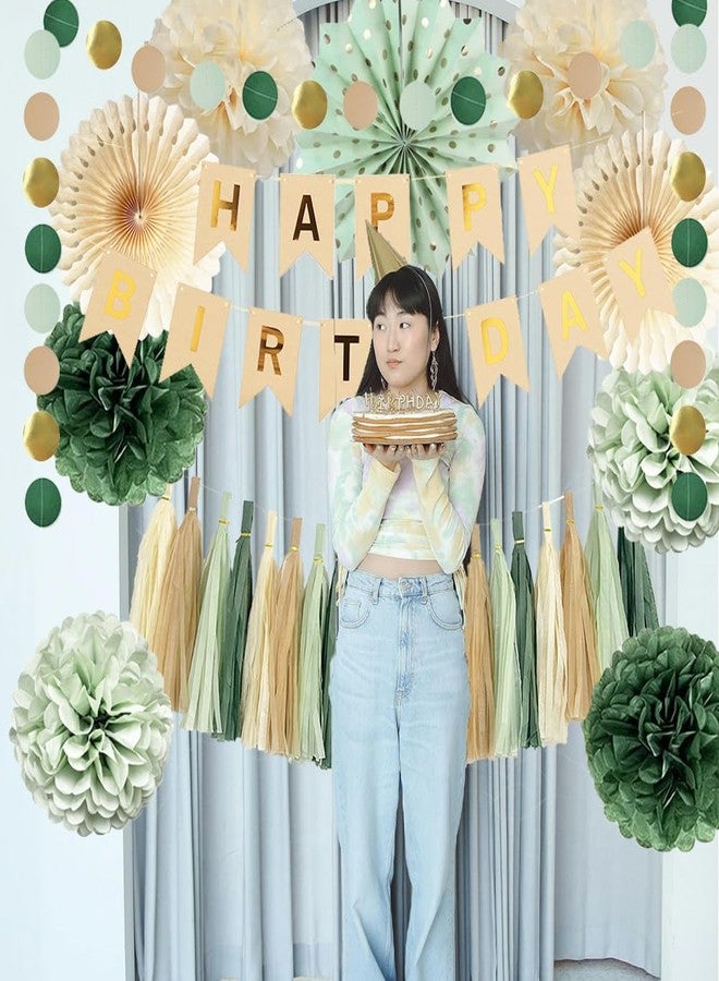 FETETIJD Sage Green Birthday Decorations with Happy Birthday Banner Sage Cream Paper Pom Poms Paper Tassels Circle Dots Garland for Girls Women Neutral Rustic Botanical Birthday Party Decor - Image 4