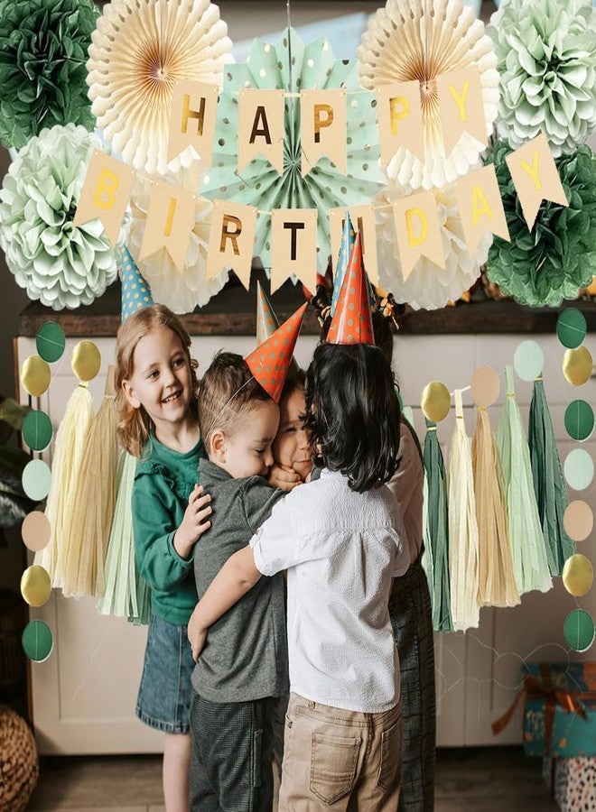 FETETIJD Sage Green Birthday Decorations with Happy Birthday Banner Sage Cream Paper Pom Poms Paper Tassels Circle Dots Garland for Girls Women Neutral Rustic Botanical Birthday Party Decor - Image 2