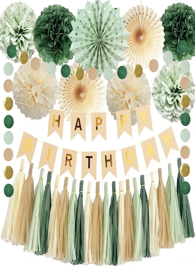 FETETIJD Sage Green Birthday Decorations with Happy Birthday Banner Sage Cream Paper Pom Poms Paper Tassels Circle Dots Garland for Girls Women Neutral Rustic Botanical Birthday Party Decor - Image 1