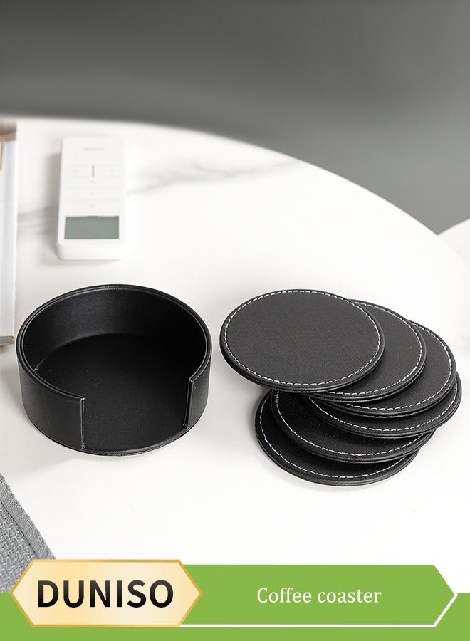 DUNISO Coasters for Drinks 6 PCS PU Leather Coaster with Holder, 10cm Anti-Slip Heat Insulation Drink Coaster Protect Table from Stains, Water Rings and Damage, Home Décor and Housewarming Gift - Image 1