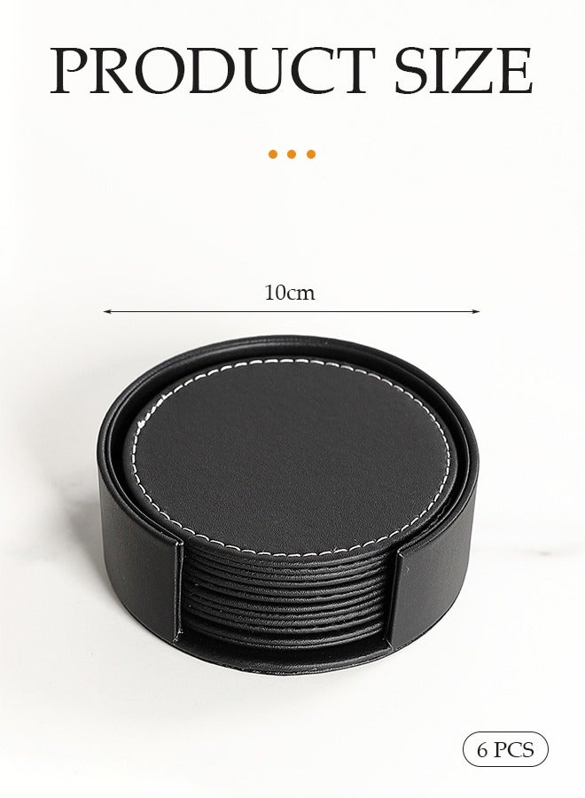 DUNISO Coasters for Drinks 6 PCS PU Leather Coaster with Holder, 10cm Anti-Slip Heat Insulation Drink Coaster Protect Table from Stains, Water Rings and Damage, Home Décor and Housewarming Gift - Image 2