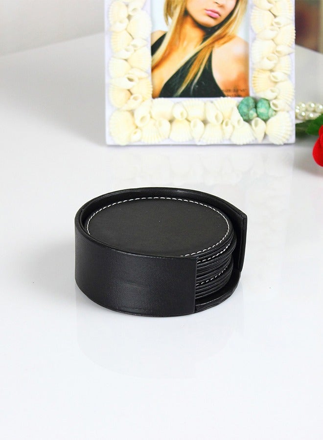 DUNISO Coasters for Drinks 6 PCS PU Leather Coaster with Holder, 10cm Anti-Slip Heat Insulation Drink Coaster Protect Table from Stains, Water Rings and Damage, Home Décor and Housewarming Gift - Image 3