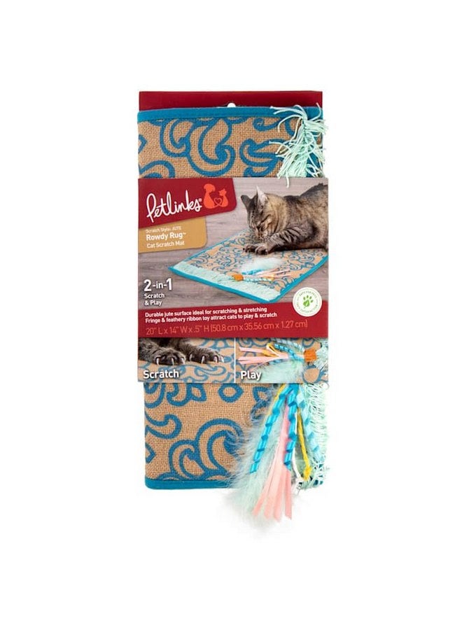 Petlinks Rowdy Rug Jute Scratch Mat with Feather Cat Toy & Playful Fringe, 20" L X 0.5" W X 14" H - Image 2