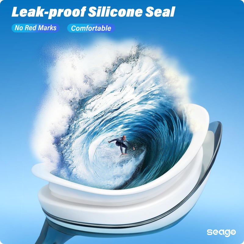 Seago نظارات سباحة 2 حزمة نظارات مضادة للضباب حماية من الأشعة فوق البنفسجية تناسب الرجال والنساء والشباب والمبتدئين، لا تسرب ختم سيليكون ناعم عدسة مسطحة رؤية واضحة، 3 أحجام لجسر الأنف - Image 5