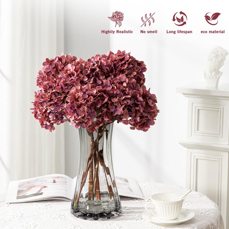 Uqueeten Artificial Flower Fake Silk Hydrangea Heads Bouquet with Stems Bulk for Fall Decoration Table Center Christmas Indoor Outdoor Faux Floral Realistic with Leaves Plants Crafts 8PCS(Rose red) - Image 4