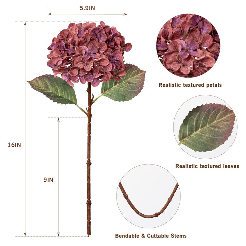 Uqueeten Artificial Flower Fake Silk Hydrangea Heads Bouquet with Stems Bulk for Fall Decoration Table Center Christmas Indoor Outdoor Faux Floral Realistic with Leaves Plants Crafts 8PCS(Rose red) - Image 3