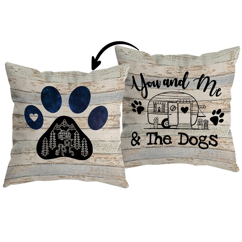 You and Me and The Dogs Dog Paw Camper Reversible Throw Pillow Cover Camping Camper Dog Lover Gifts for Women Men Camping Pillow Case 18 x 18 Inch Home RV Camper Bed Sofa Decor
