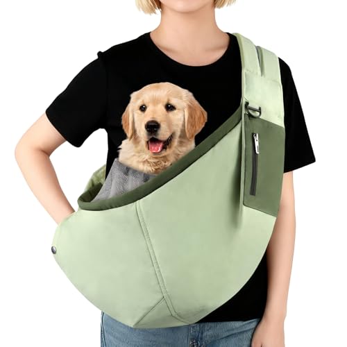 Bartuke Dog Carrier Sling, Hands Free Pet Sling Carriers for Small Dogs and Cats, Thick Padded Shoulder Strap Adjustable Dog Carriers with Storage Pocket, Water-Resistant Puppy Carrier Purse, Green - Image 1