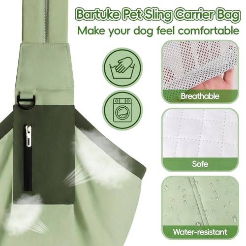Bartuke Dog Carrier Sling, Hands Free Pet Sling Carriers for Small Dogs and Cats, Thick Padded Shoulder Strap Adjustable Dog Carriers with Storage Pocket, Water-Resistant Puppy Carrier Purse, Green - Image 3