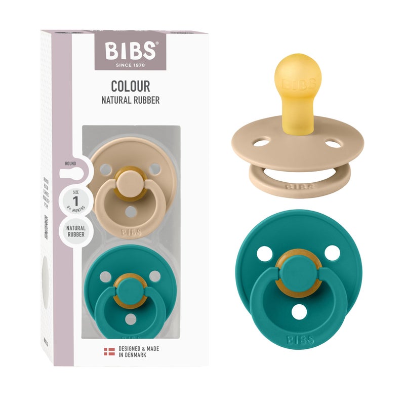 BIBS Colour Pacifier 2-Pack, BPA Free Binky Pacifier, Round Nipple. Natural Rubber Latex, Made in Denmark, Size 1 (0-6 Months), Taupe/Scuba - Image 1