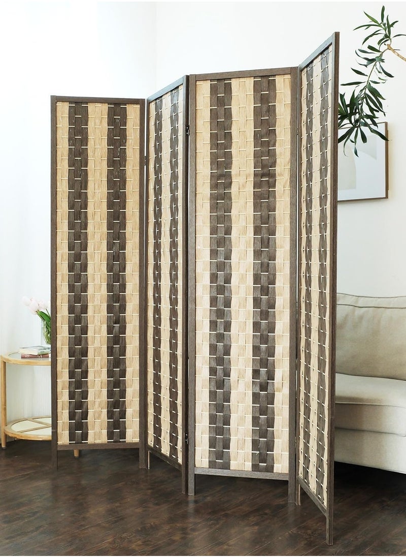 Decorhills - 4 Panel Folding Room Divider, 6ft Wooden Woven Privacy Screen, Handwoven Brown Room Separator for Home, Office, Bedroom, Living Room, Foldable Space Divider with Durable Hinges - Light Brown - Image 1