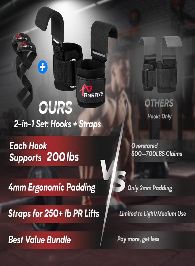 Anraye Weight Lifting Hooks & Wrist Straps Set - Lifting Hooks with Anti-Slip Grip, Adjustable Wrist Wraps for Weightlifting, Deadlifts, Powerlifting, Gym Straps for Men and Women, Black-Red - Image 4