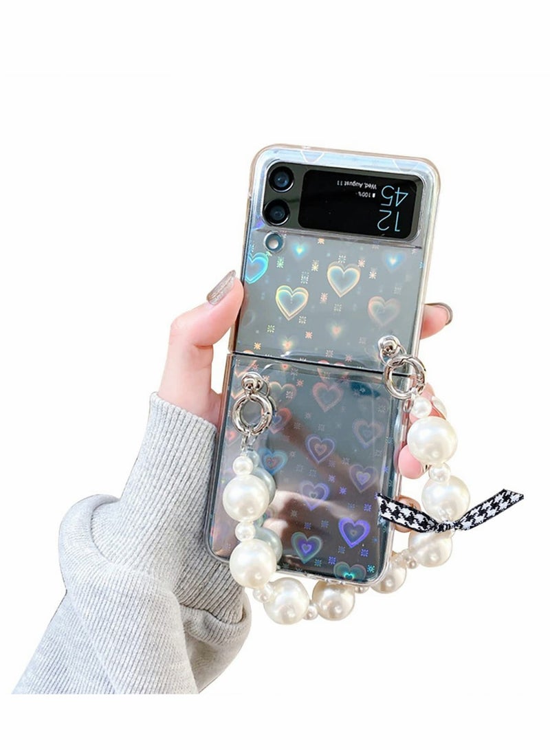 For Samsung Galaxy Z Flip 3 Cute Case, Luxury Clear Laser Glitter Bling Heart with Pearl Chain Bracelet Wrist Strap for Women Girls Slim Shockproof Hard PC Cover for Samsung Galaxy Z Flip 3 5G - Image 1