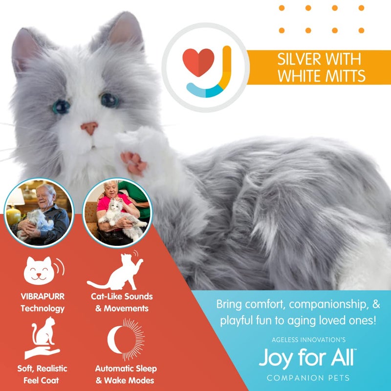 JOY FOR ALL Companion Pet for Seniors - Lifelike Animatronic Cat - Realistic Soft-Touch Fur & Purring - Therapy Stuffed Animal - Toy for Alzheimer's & Dementia - Silver w/White - Image 4