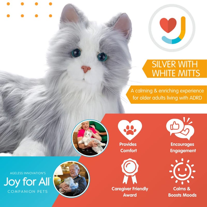 JOY FOR ALL Companion Pet for Seniors - Lifelike Animatronic Cat - Realistic Soft-Touch Fur & Purring - Therapy Stuffed Animal - Toy for Alzheimer's & Dementia - Silver w/White - Image 3
