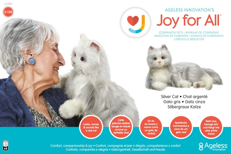 JOY FOR ALL Companion Pet for Seniors - Lifelike Animatronic Cat - Realistic Soft-Touch Fur & Purring - Therapy Stuffed Animal - Toy for Alzheimer's & Dementia - Silver w/White - Image 2