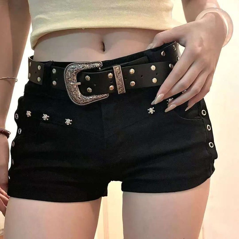 Women's Black Low-Rise Straight Short Jeans with Rivets - Image 1