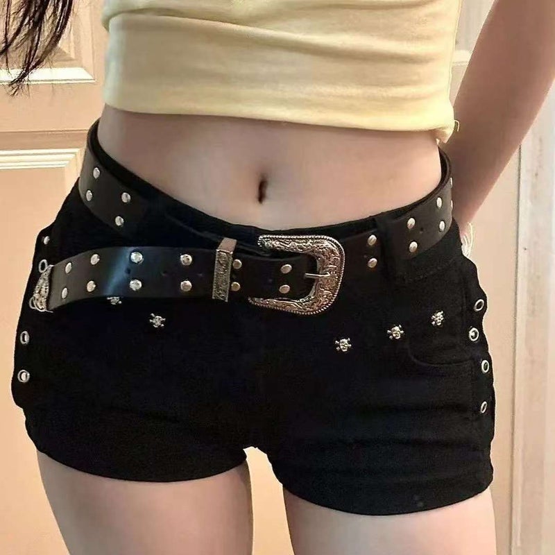 Women's Black Low-Rise Straight Short Jeans with Rivets - Image 2