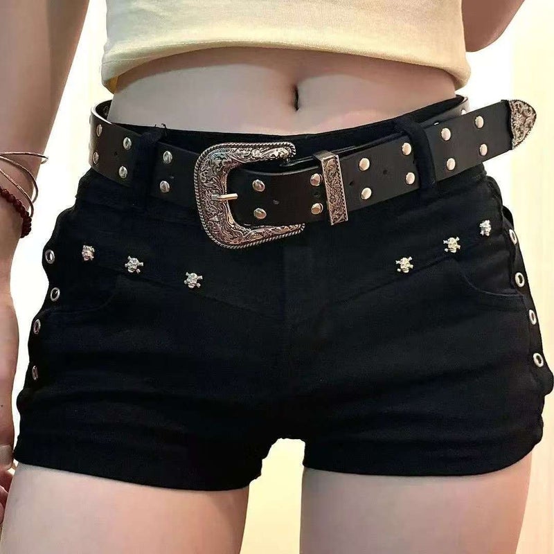 Women's Black Low-Rise Straight Short Jeans with Rivets - Image 4