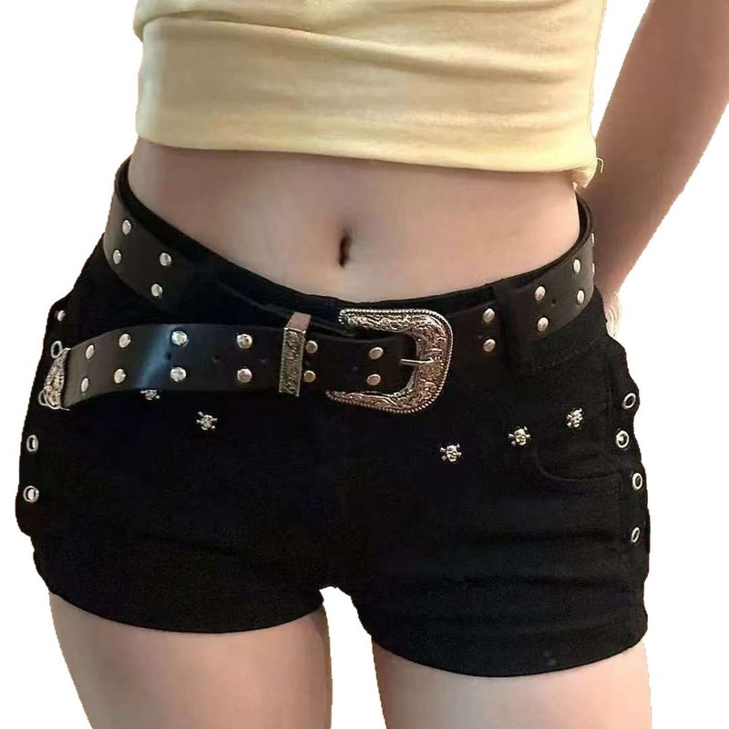 Women's Black Low-Rise Straight Short Jeans with Rivets - Image 5