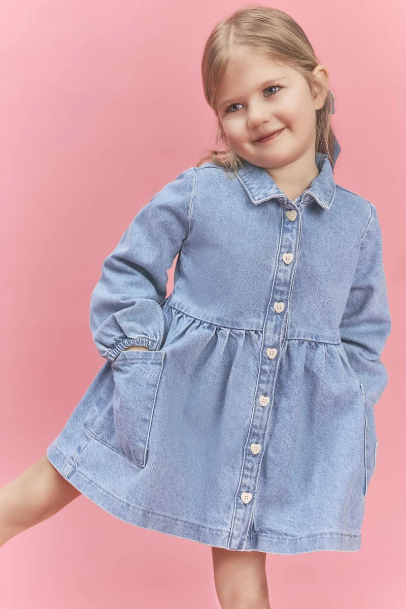 ديفاكتو Baby Girl Long Sleeve Denim Dress