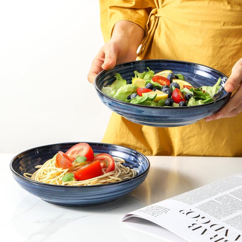 Hasense Pasta Bowls Set of 2 87 Inch Ceramic Salad Serving Bowls for Kitchen 32 Ounce Shallow Bowls for Pasta Soup Salad Dinner Microwave Dishwasher Safe Navy Blue - Image 2