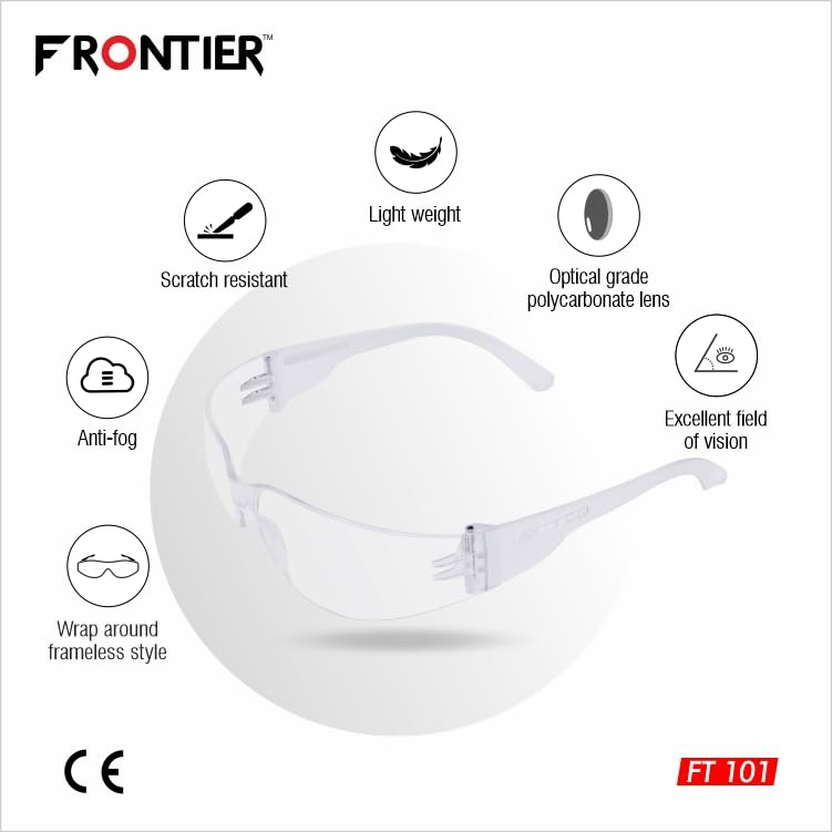 FRONTIER FT101(CLEAR) Lightweight Safety Glasses | Wrap Around Frameless Style with Flexible Temples Safety Eyewear | Polycarbonate Lens with Excellent Field of Vision Safety Goggles | Pack of 6 - Image 2