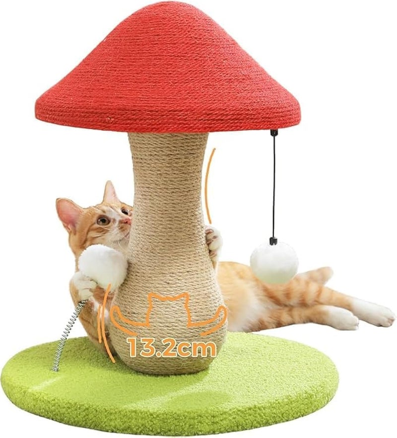 LOYAL RAIN Cute Cat Scratching Post, 47 CM Mushroom Cat Scratcher with 100% Sisal Covered Scratching Post & Pompoms Cat Toy, Mushroom Cat Post for Indoor Cats - Image 1
