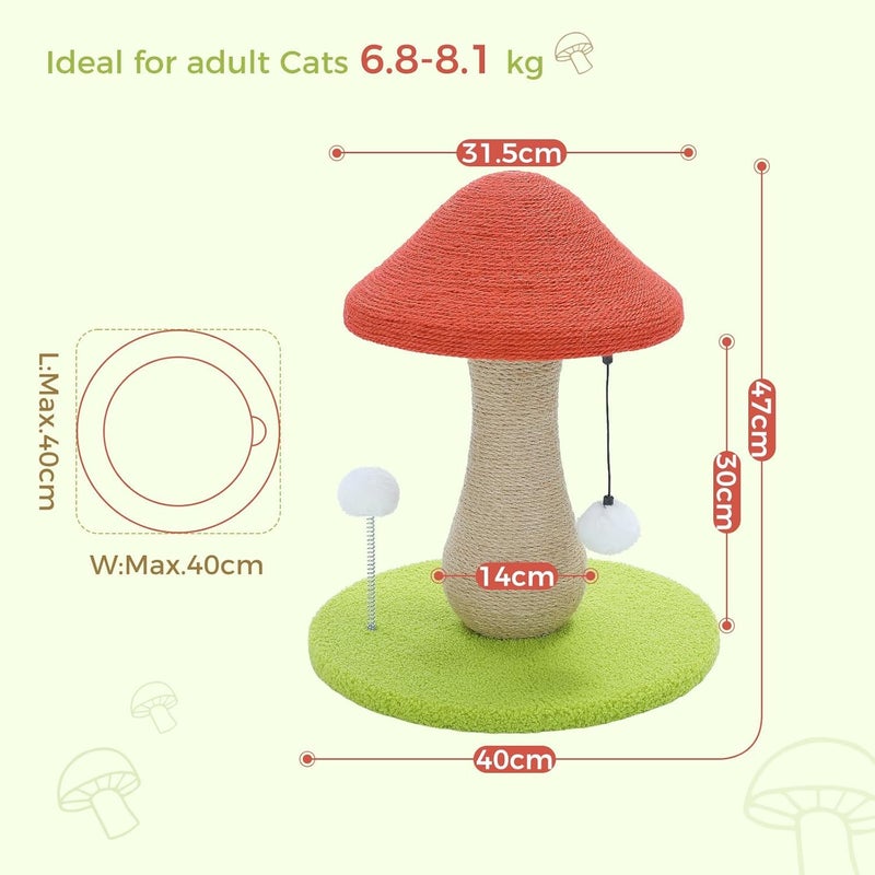 LOYAL RAIN Cute Cat Scratching Post, 47 CM Mushroom Cat Scratcher with 100% Sisal Covered Scratching Post & Pompoms Cat Toy, Mushroom Cat Post for Indoor Cats - Image 4