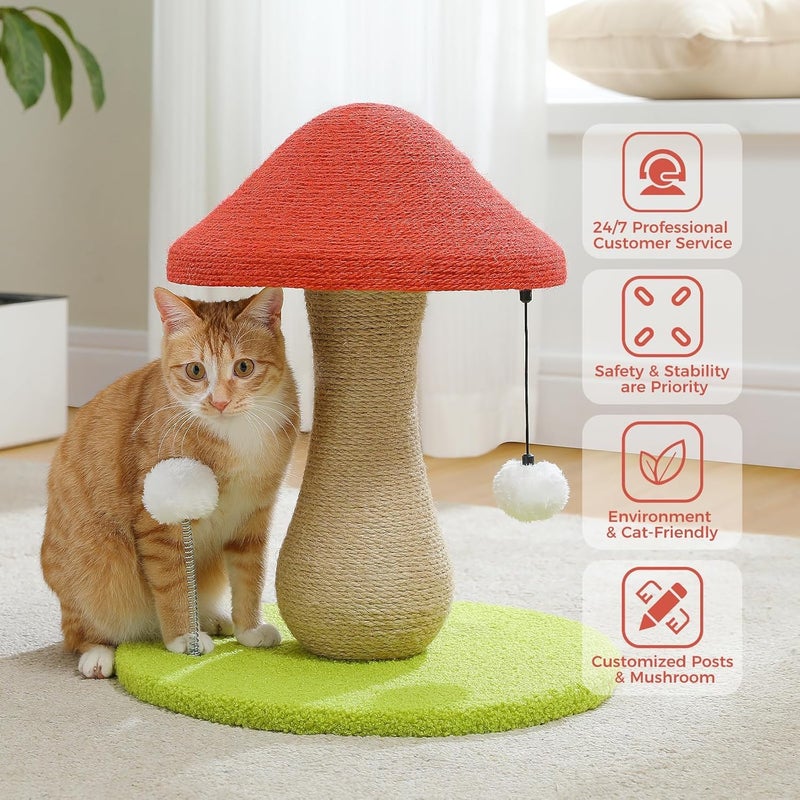 LOYAL RAIN Cute Cat Scratching Post, 47 CM Mushroom Cat Scratcher with 100% Sisal Covered Scratching Post & Pompoms Cat Toy, Mushroom Cat Post for Indoor Cats - Image 5