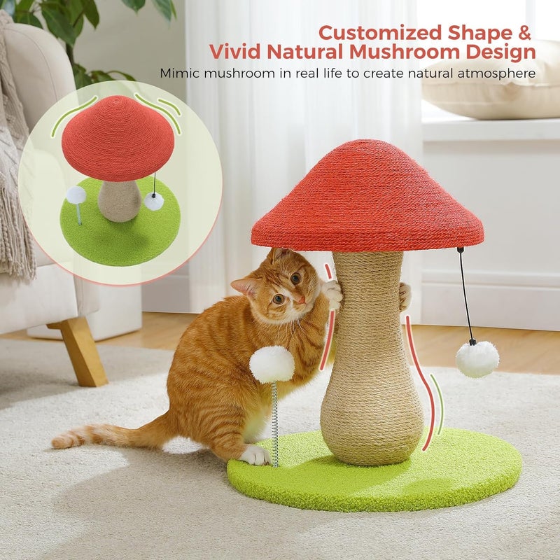 LOYAL RAIN Cute Cat Scratching Post, 47 CM Mushroom Cat Scratcher with 100% Sisal Covered Scratching Post & Pompoms Cat Toy, Mushroom Cat Post for Indoor Cats - Image 3