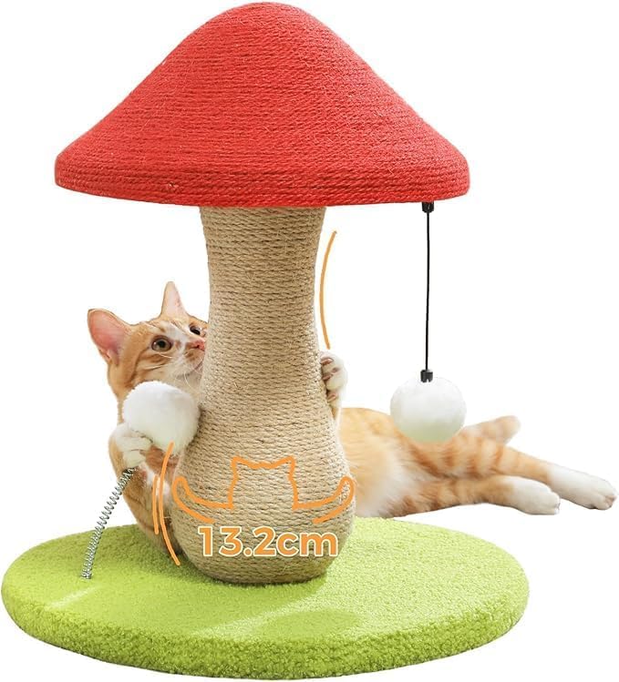 LOYAL RAIN Cute Cat Scratching Post, 47 CM Mushroom Cat Scratcher with 100% Sisal Covered Scratching Post & Pompoms Cat Toy, Mushroom Cat Post for Indoor Cats - Image 2