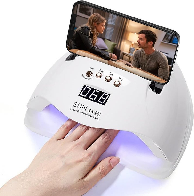 مصباح أظافر UV LED 220 واط مع حامل هاتف، مجفف طلاء أظافر جل احترافي، مصباح تجفيف مع 4 إعدادات مؤقت وحساس تلقائي و 45 لؤلؤة لتصميم فن الأظافر