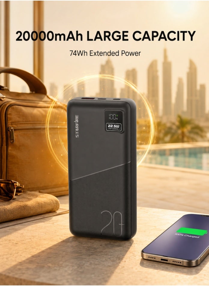 Starfire 20000mAh Power Bank, 22.5W Fast Charging, PD & QC Dual Output, LED Digital Display, Dual USB-A + Type-C, Portable Battery Charger for iPhone, Samsung & Android (Black) - Image 4