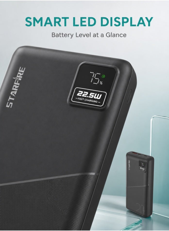 Starfire 20000mAh Power Bank, 22.5W Fast Charging, PD & QC Dual Output, LED Digital Display, Dual USB-A + Type-C, Portable Battery Charger for iPhone, Samsung & Android (Black) - Image 5