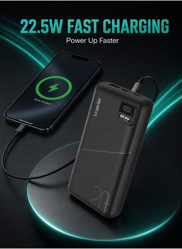 Starfire 20000mAh Power Bank, 22.5W Fast Charging, PD & QC Dual Output, LED Digital Display, Dual USB-A + Type-C, Portable Battery Charger for iPhone, Samsung & Android (Black) - Image 3