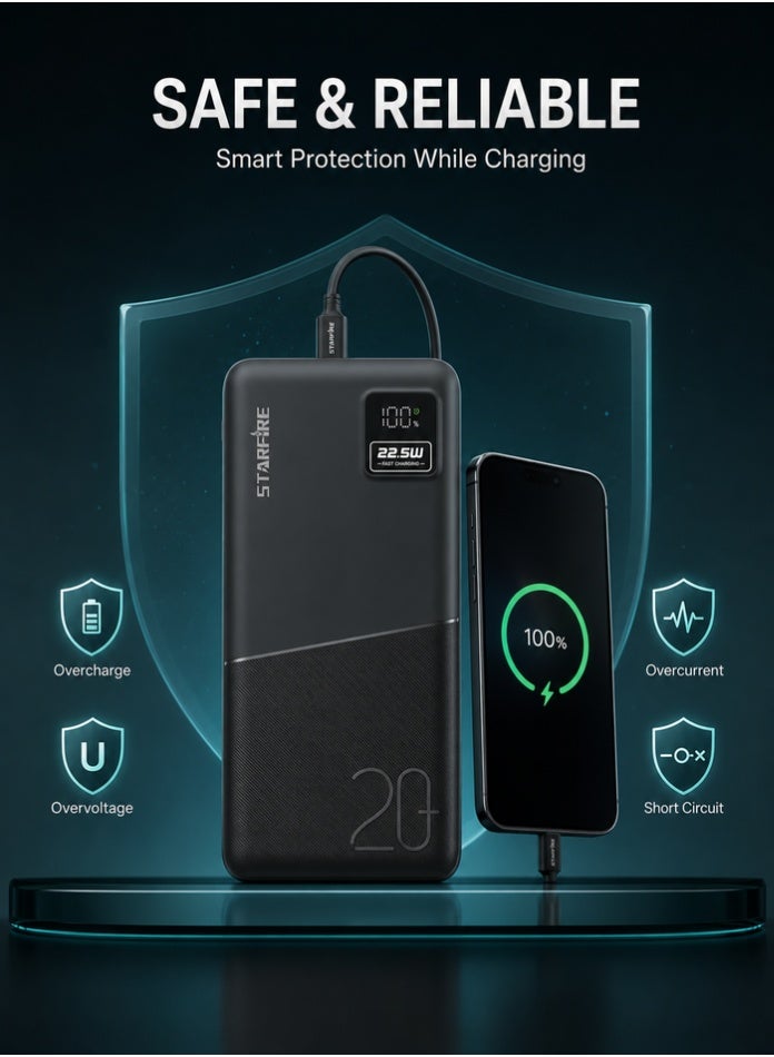 Starfire 20000mAh Power Bank, 22.5W Fast Charging, PD & QC Dual Output, LED Digital Display, Dual USB-A + Type-C, Portable Battery Charger for iPhone, Samsung & Android (Black) - Image 2