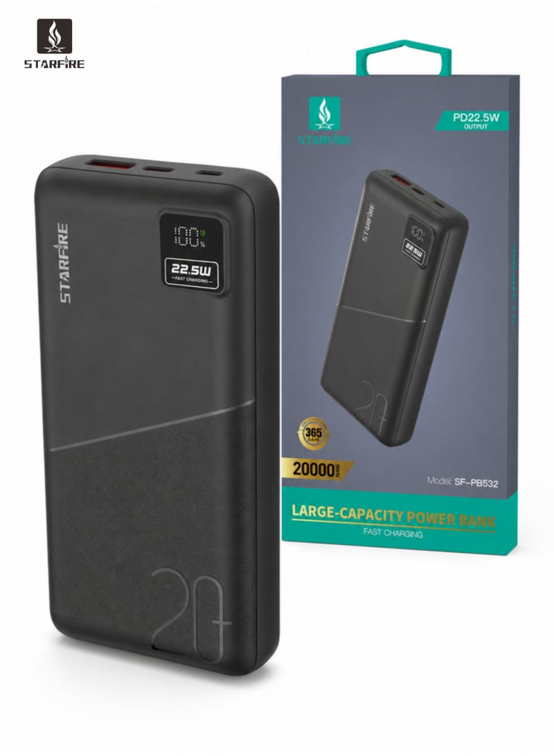 Starfire 20000mAh Power Bank, 22.5W Fast Charging, PD & QC Dual Output, LED Digital Display, Dual USB-A + Type-C, Portable Battery Charger for iPhone, Samsung & Android (Black) - Image 1