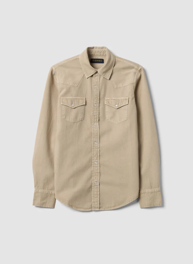 او في اس OVS Beige Pure Cotton Shirt With Snap Buttons, Regular Fit