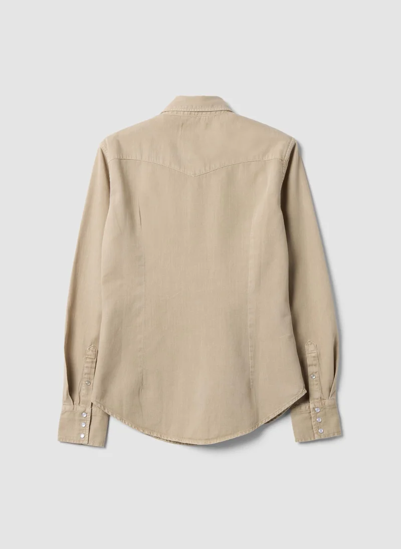او في اس OVS Beige Pure Cotton Shirt With Snap Buttons, Regular Fit
