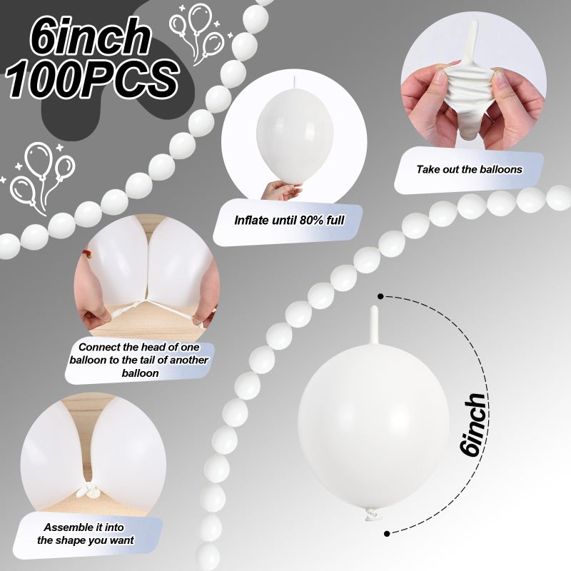 Govpy White Link Balloons, 100PCS Linking Balloons with Tail for Making Balloon Wall Arch and Chains, Pearl Quick Balloon for Wedding Birthday Baby Shower Engagement Graduation Party Decorations (6inch) - Image 2