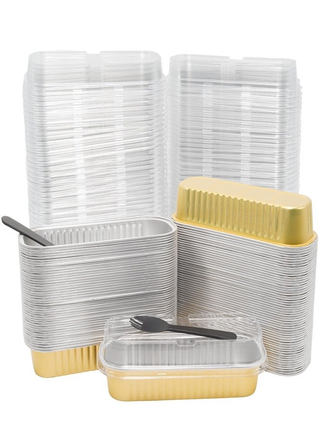 Wuyituart 100 Pack 6.8oz Aluminum Cake Pans with Lids and Spoons Rectangle Mini Loaf Pans Baking Cups Disposable Cupcake Baking Tins with 100 Pcs Plastic Spoons, Gold - Image 1