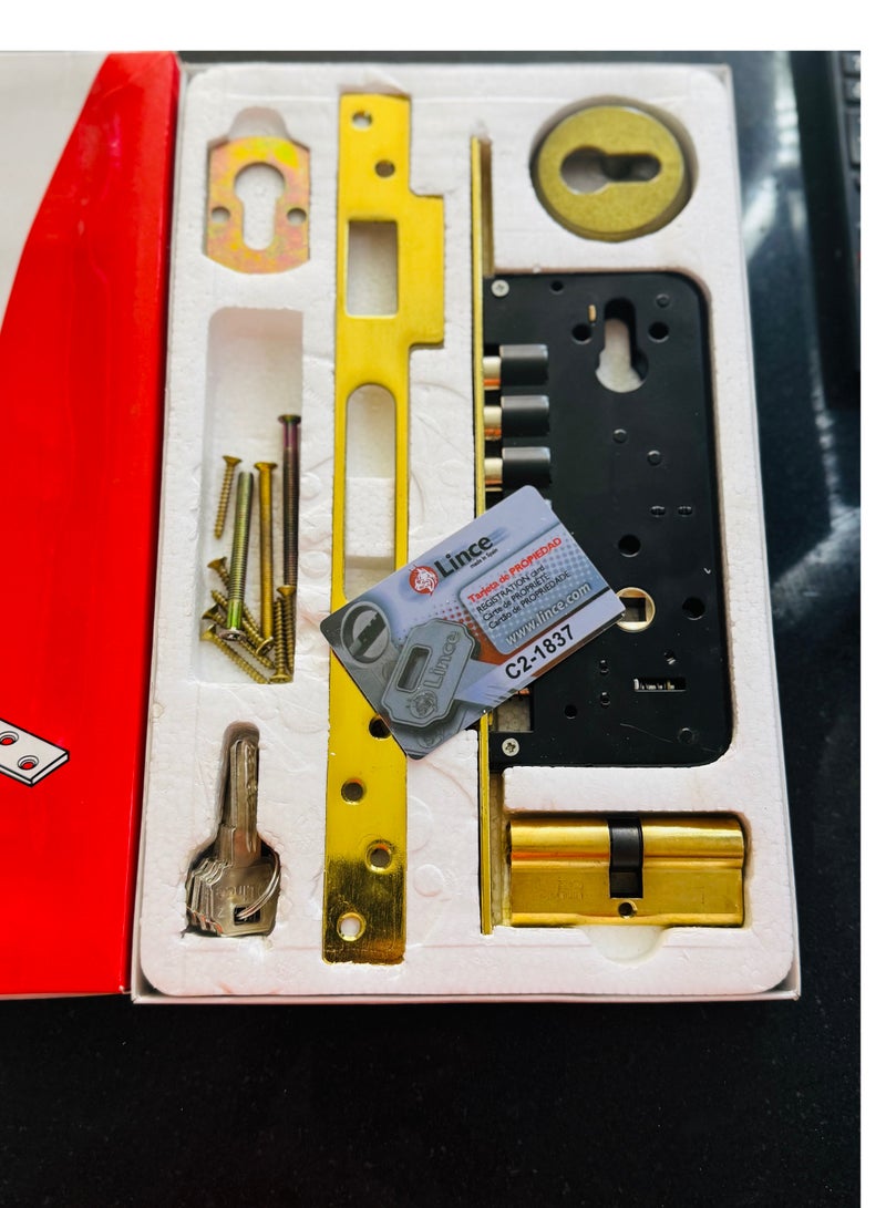 LINCE High-Security Computer Cylinder Door Lock – Solid Brass – 5 Keys – 2-Pin & 4-Steel Bars – Gold Finish – Made in Spain - Image 3