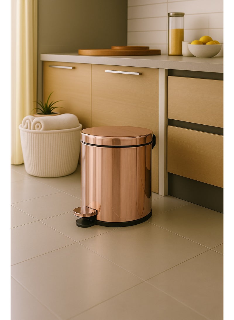 بريمانوفا سلة نفايات بدواسة قدم سعة 6 لتر من الستانلس ستيل بغطاء يغلق بلطف وسلة داخلية – سلة قمامة مدمجة للحمام، المطبخ، المكتب، غرفة النوم والصالة (ذهبي وردي) - Image 2