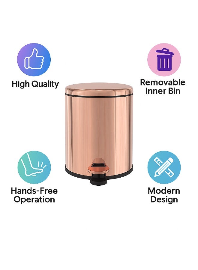 بريمانوفا سلة نفايات بدواسة قدم سعة 6 لتر من الستانلس ستيل بغطاء يغلق بلطف وسلة داخلية – سلة قمامة مدمجة للحمام، المطبخ، المكتب، غرفة النوم والصالة (ذهبي وردي) - Image 4