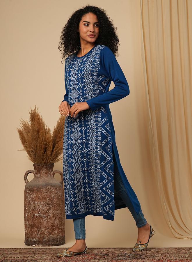 globus Weave Knitted Loose Fit Calf Length Winter Wear Kurta - Image 2